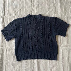 Campana Classics Vintage Mock Neck Cropped Short-Sleeve Cable Knit Sweater